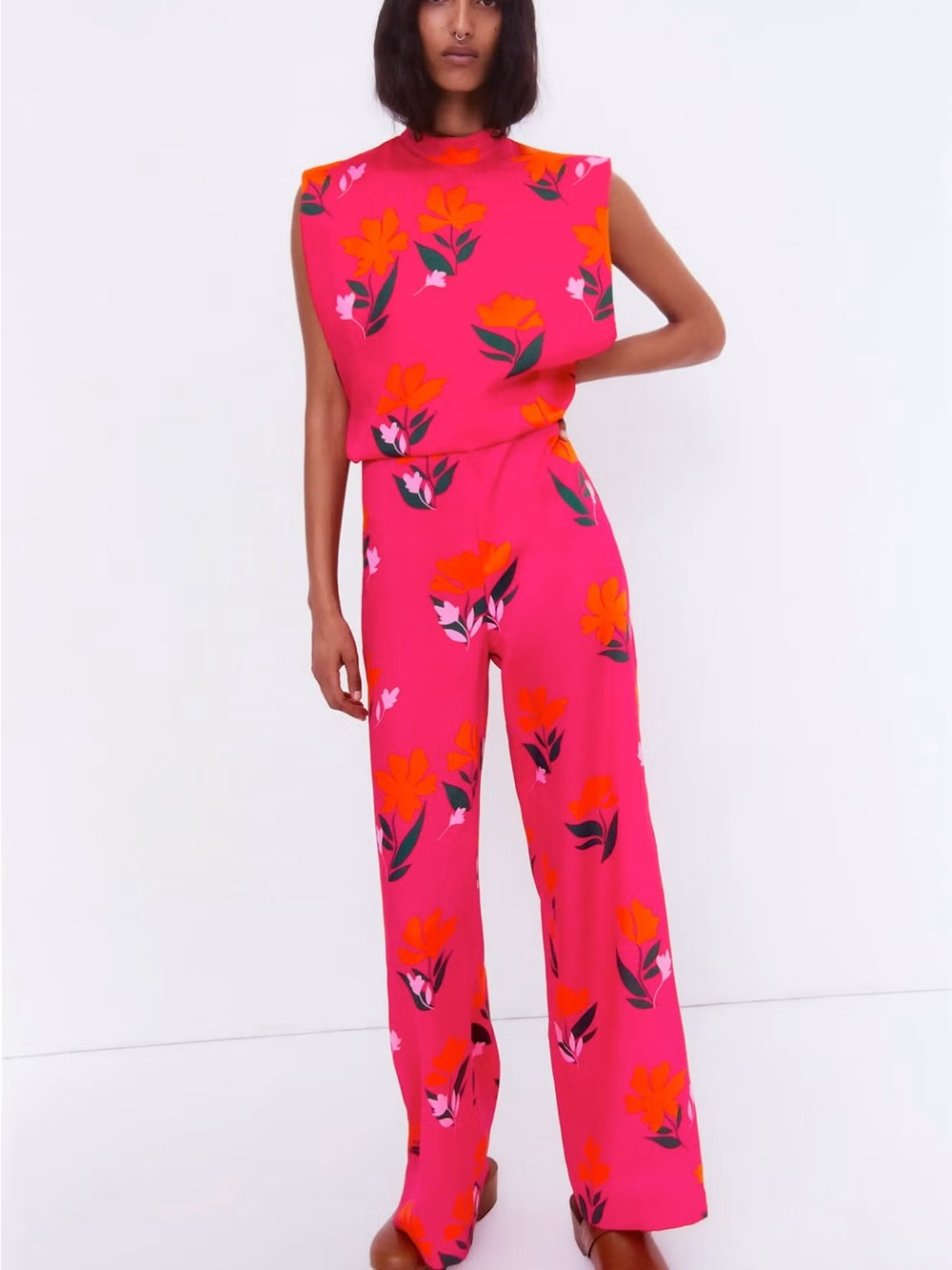 ZARA Hot Pink Floral Wide-Leg Jumpsuit M
